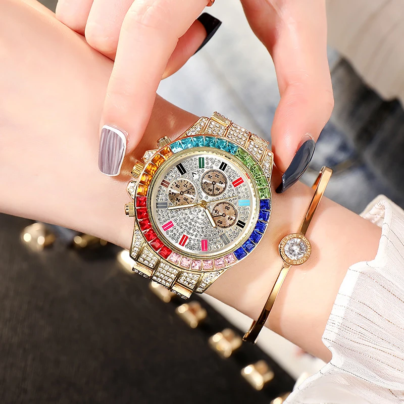 Hip Hop Fashion Multi-function Wrist Watches Colorful Rainbow Stone Fashionable Unisex Quartz Watch Diamond Watches(WA020)