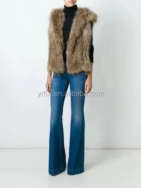 YR978 Good Quality Women Basic Style Raccoon Fur Hand knitted Hooded Vest