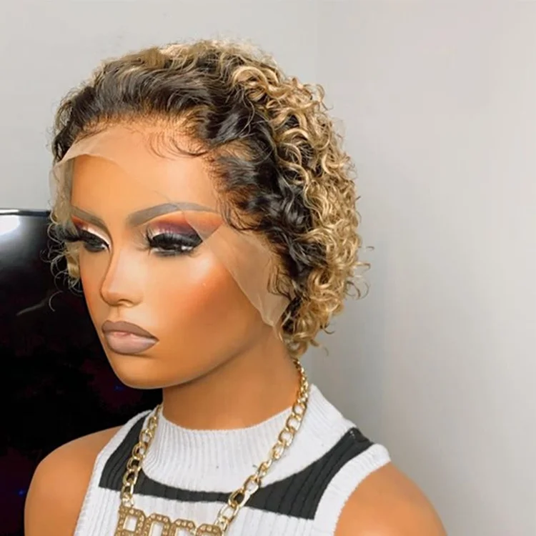 
Black to Honey Blonde 2T Ombre Short Curly Brazilian Cuticle Aligned Raw Hair Pixie Cut Lace Front Wigs for Black Women 