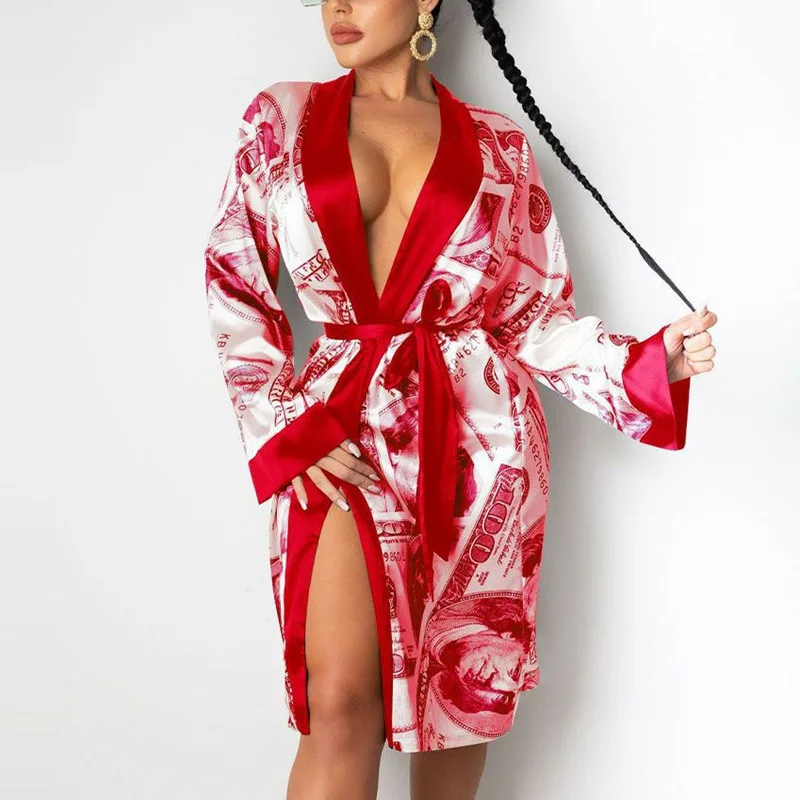 
2021 Spring Printed Satin Long Sleeve Thin Jacket Shawl Cardigan Home Wear 