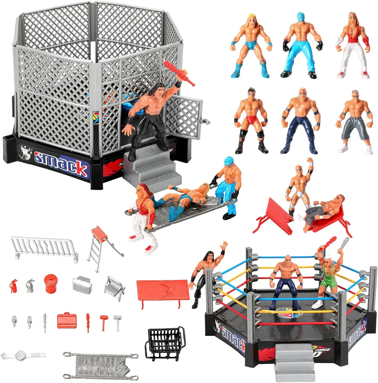 32 Pcs Wrestling Toys Mini Wrestlers Play set with 12 Wrestling Action Figures, 2 Wrestling Ring, Many Realistic Accessories