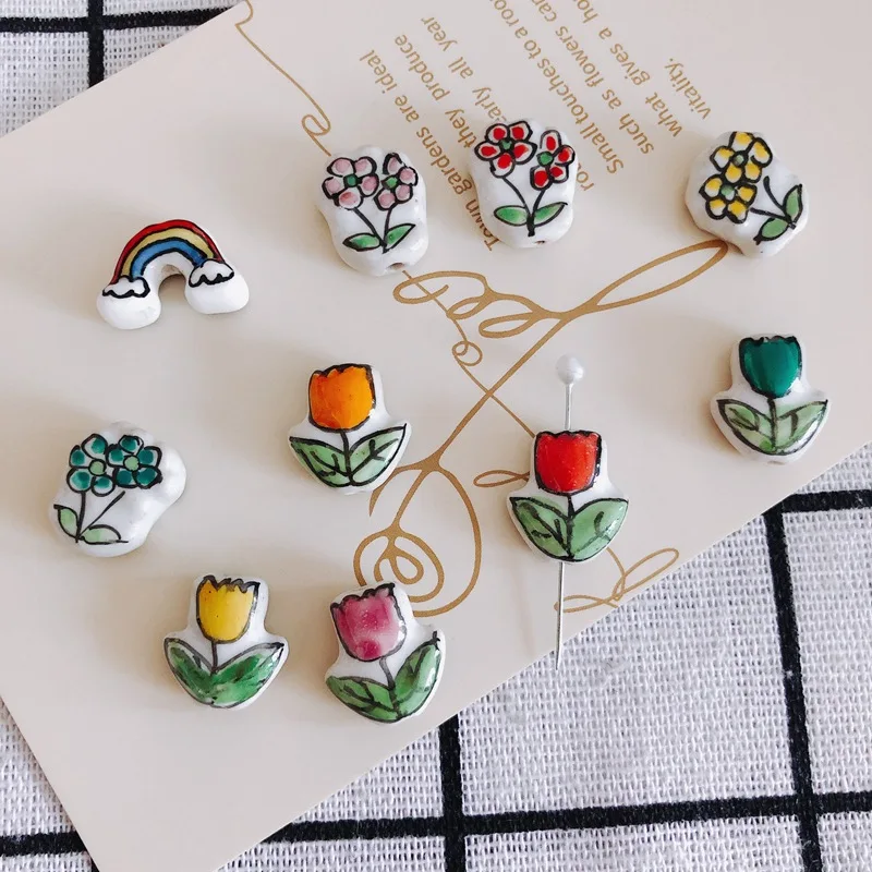 DIY hand painted tulip rose flower ceramic bead china Porcelain loose beads for jewelry making accessories wholesale