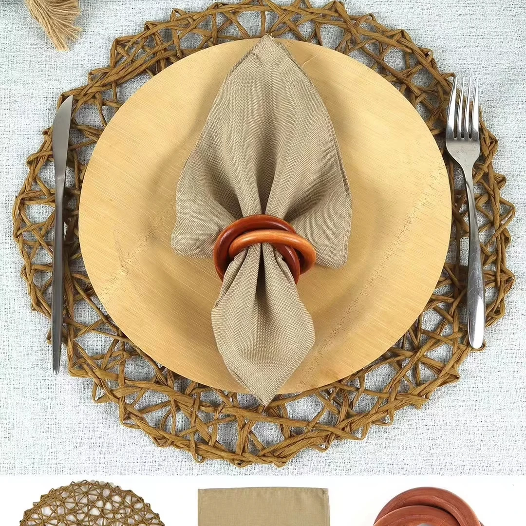 Weave Straw Bamboo Rattan Woven Placemat With Cotton Napkin and Wood Napkin Ring 3 Products a Set