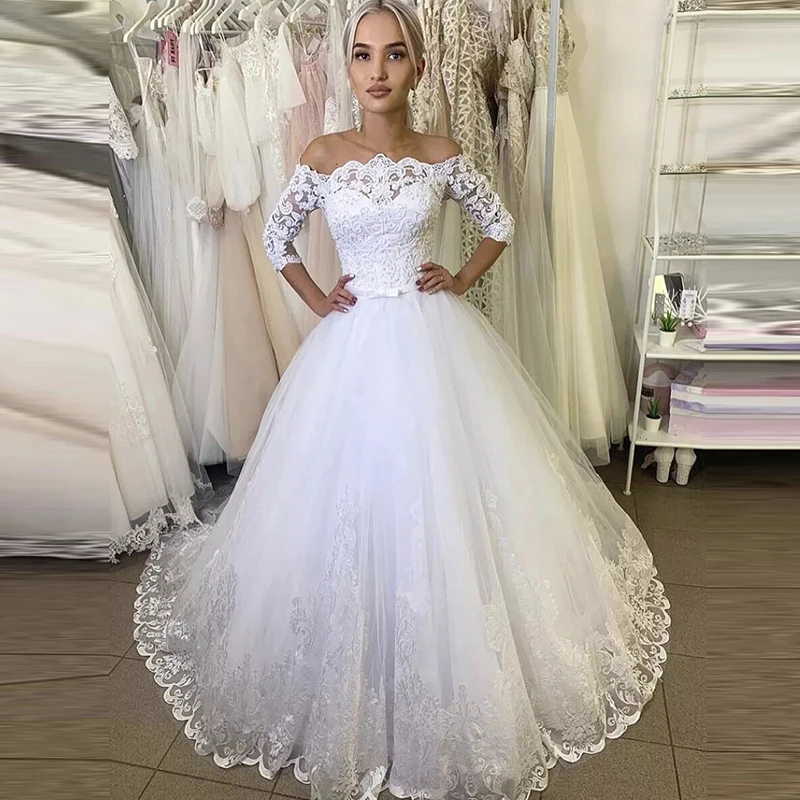 ON458 Appliques Ball Gown Wedding Dresses Off Shoulder Long Lace Bridal Gowns Princess Wedding Party Gown Plus Size