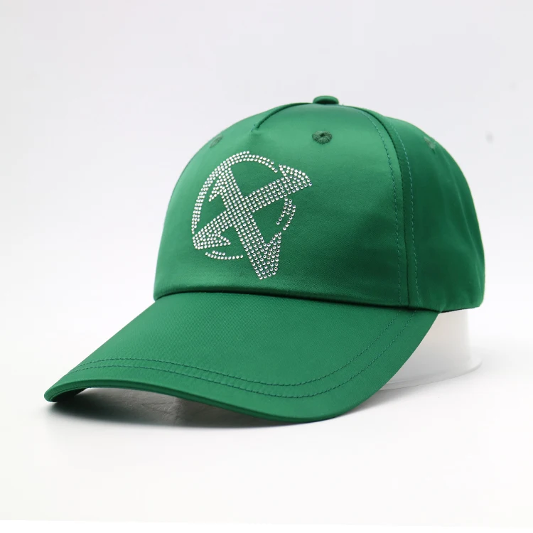 6 panel green satin baseball cap hat with rain stone logo