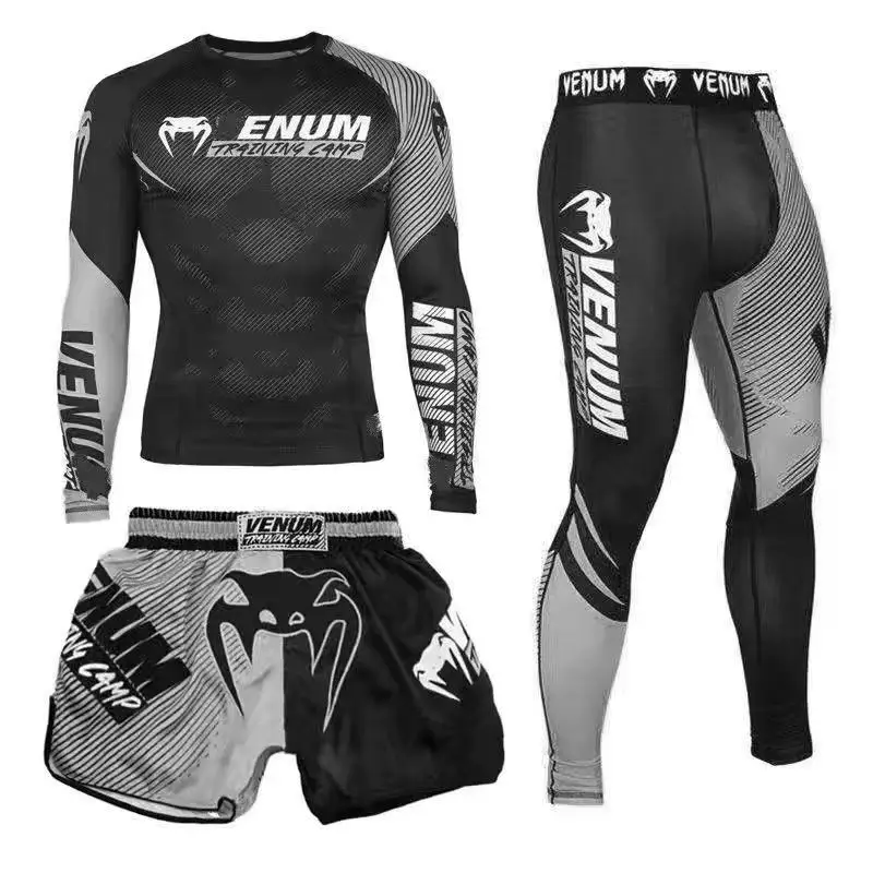 Sportswear MMA Rashguard T-shirt+Shorts 3pcs/set Muay Thai Suit Bjj Kickboxing Men Gym Competition Sport Training Combat Wear