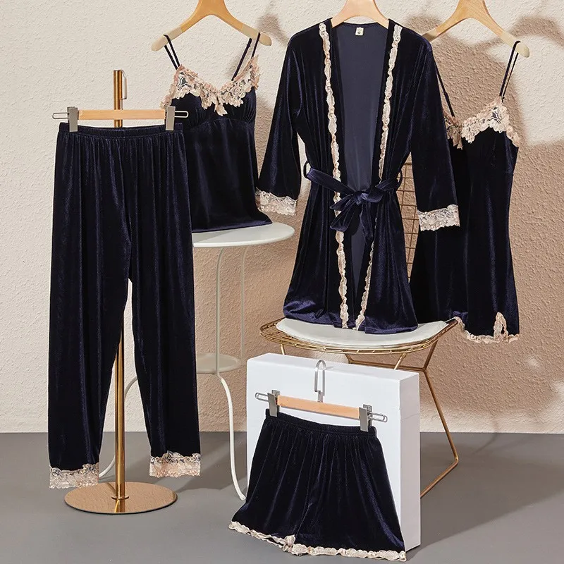 Women Golden Velvet 5-pcs Set Nightwear Pajama with Breast Cushion Slip Nightdress Bridal Sleep Wear
