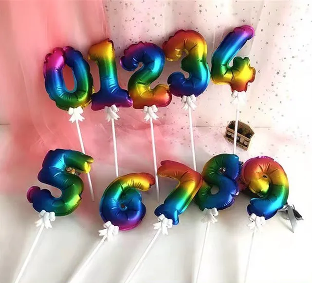Hot Selling 5inch Self-inflatable Gold Silver Number 0-9  Foil Balloon Cake Stick Decoration Birthday Cake Topper Balloon Stick