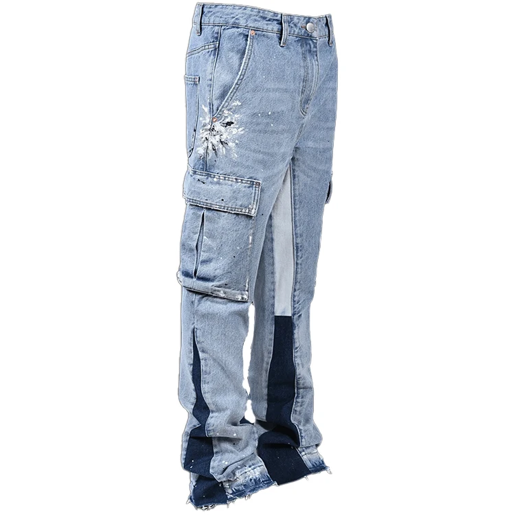 Wholesale custom straight baggy flare jeans men Paint splash hip hop street wear jeans patch fashion denim cargo pants men