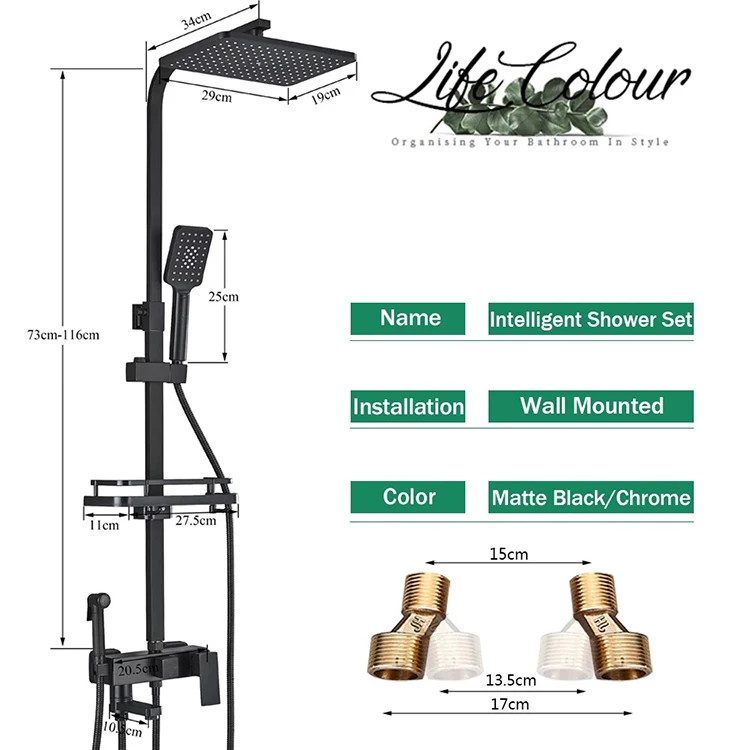 Luxury Square Bathroom Shower Faucet 4 Way Rainfall Shower System Stainless Steel 304 Black Shower Set