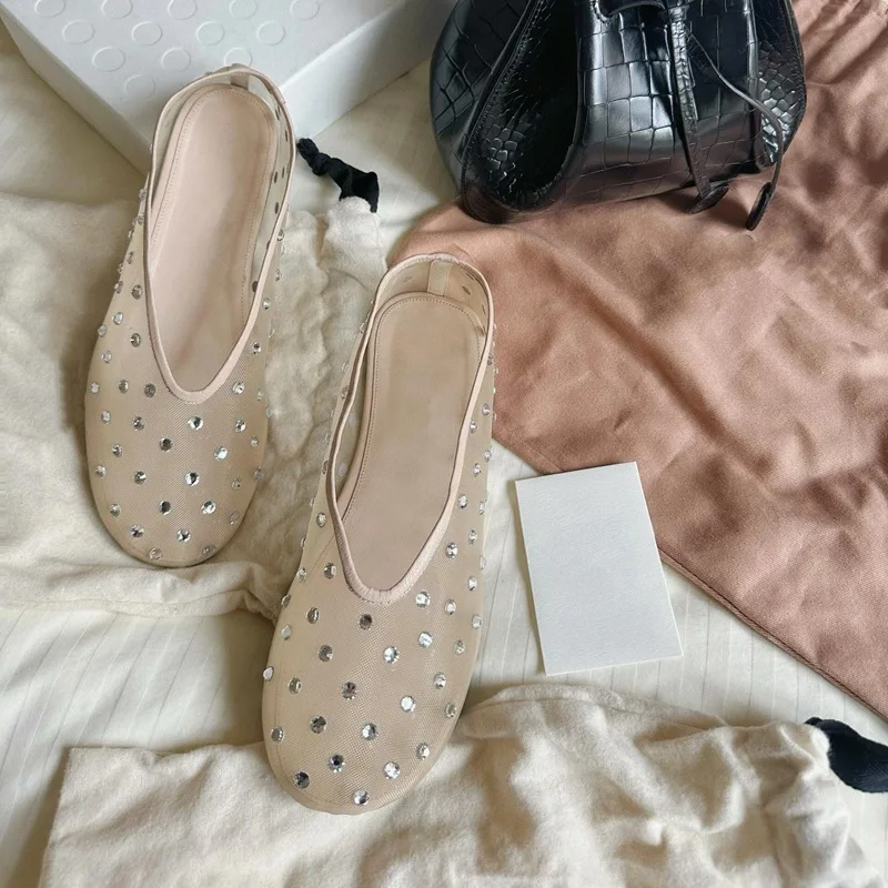 Dropshipping Custom Logo Mesh Flats Women Crystal Round Toe Rhinestone Genuine leather Loafers for Ladies