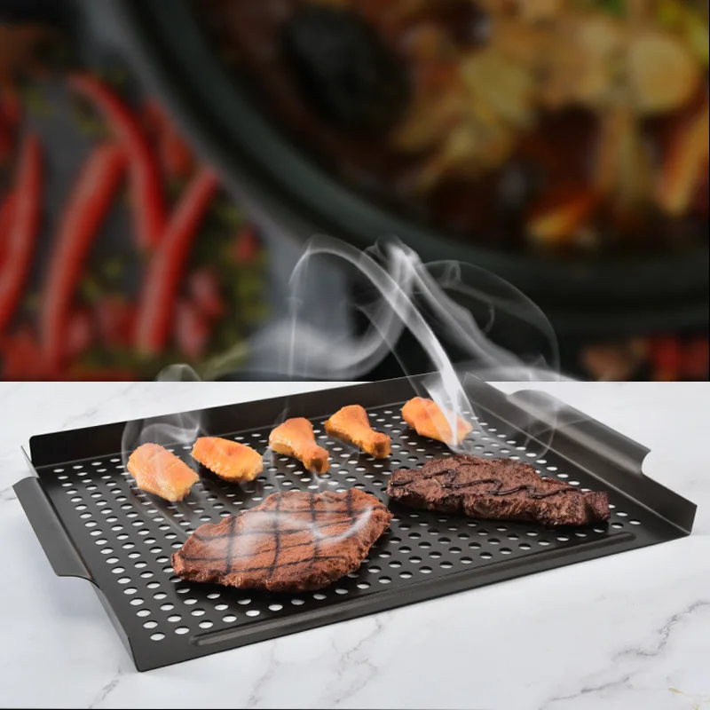 Nonstick Barbecue Grill Topper Outdoor Grill Baskets Stainless Steel BBQ Grill Tray with Perforated Bottom For Cookware Meat