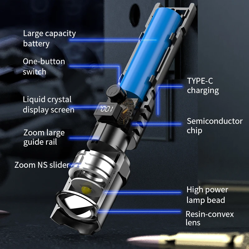 Rechargeable Outdoor LCD Display Strong Light Super Bright ABS Lamp Body Emergency Laser Cannon Flashlight