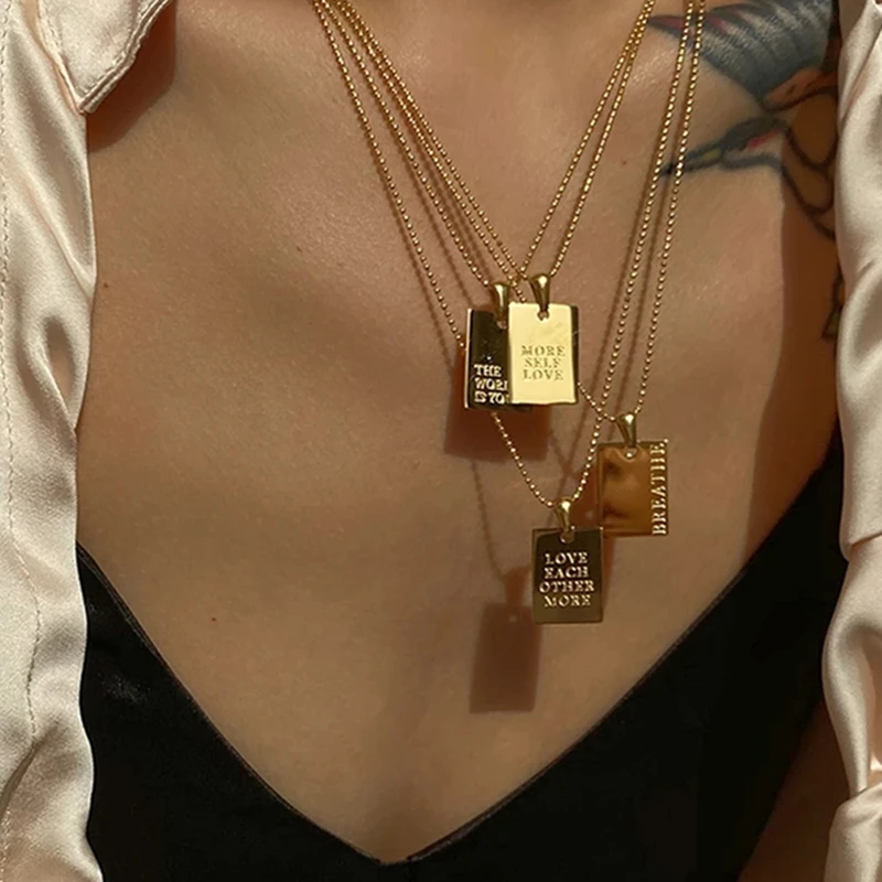 Wholesale Gold Plated Stainless Steel Jewelry Inspirational Friendship Memorial Love Letter Rectangle Square Pendant Necklace