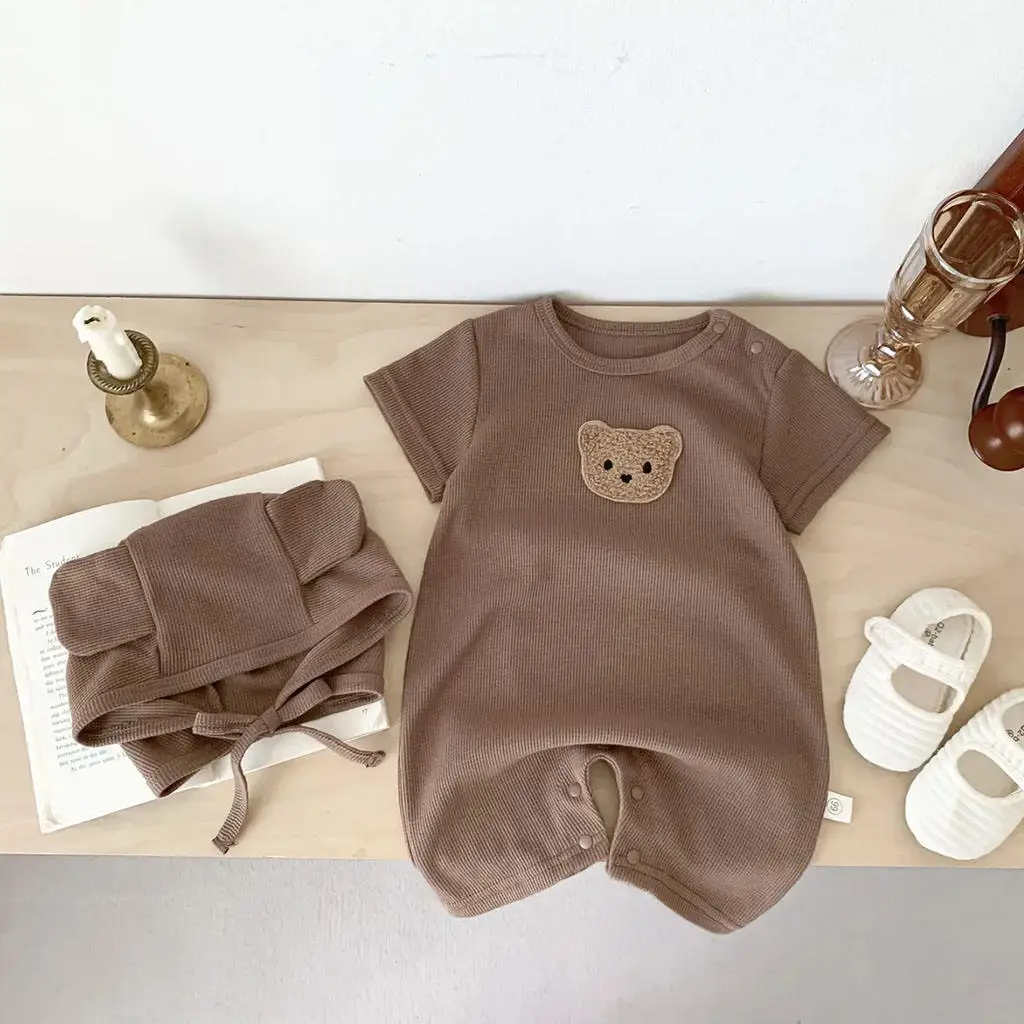 Conyson New Summer Baby Soft Romper Jumpsuit Casual Style Short Sleeve Waffle Patch Bear Infant Gift Hat Newborn Clothes Sets
