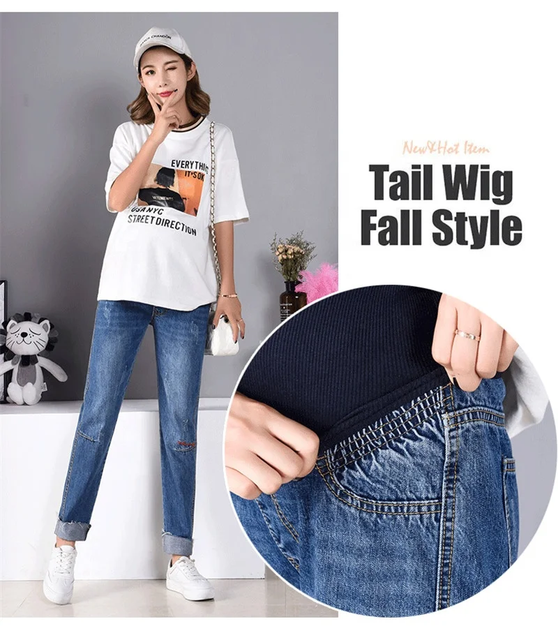 Потертая джинсовая ткань для беременных прямые джинсы стрейтч Осенняя мода Высокая талия живот брюки для беременных женщин