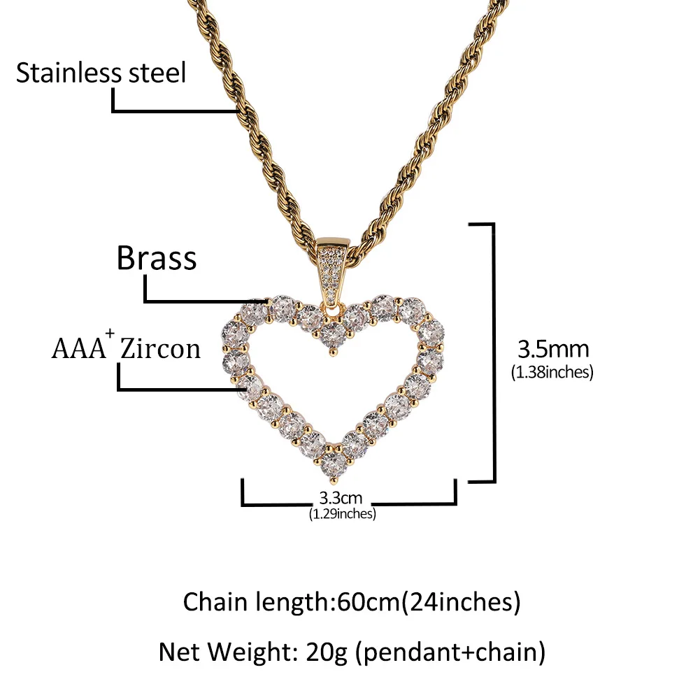 Hot selling hip-hop diamond heart-shaped pendant necklace ins niche design hollow love fashion all-match pendant wholesale
