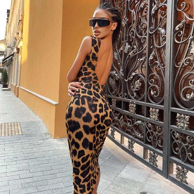 Leopard Print Sexy Bodycon Party Dresses For Women Sleeveless Backless Midi Summer Tank Dress Elegant Clubwear Vestidos