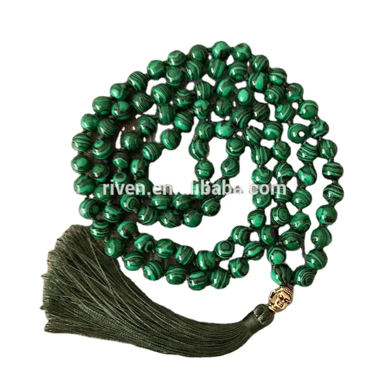 ST0447 Green Malachite Mala 108 Beads Buddha Prayer Beads Meditation Tassel Mala Hand Knotted Necklace