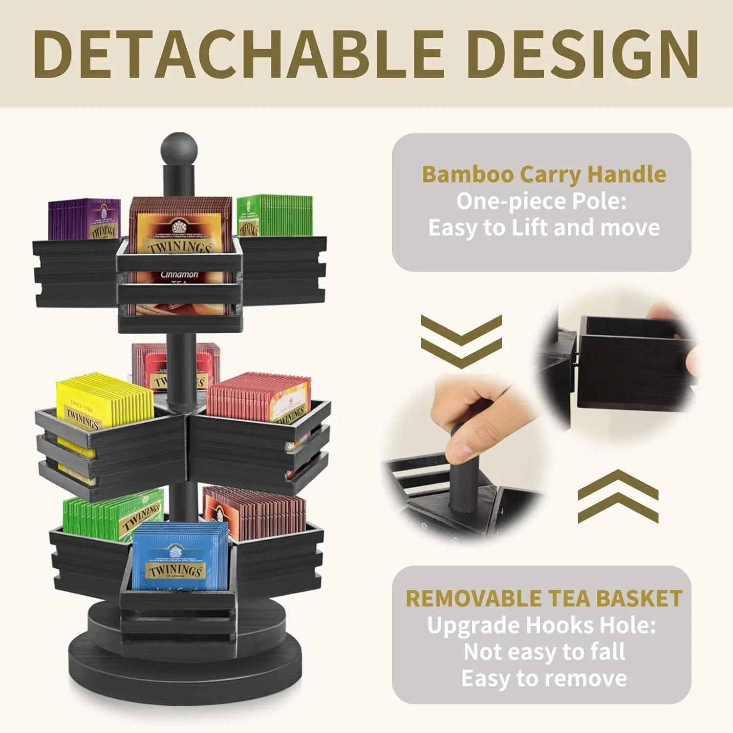 High Quality Wholesale 3 Tier Stackable  Bag Storage Holder Spinning Carousel with 9 Compartments Rotating Tea Bag for Kitchen