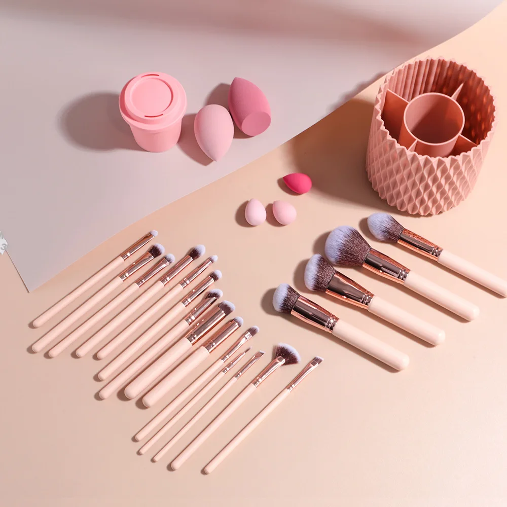 Factory Premium Synthetic Pink Kabuki Wood Makeup Brush Sets with holder & kits 18 Pcs and 5 Sponge & Holder Sponge Case