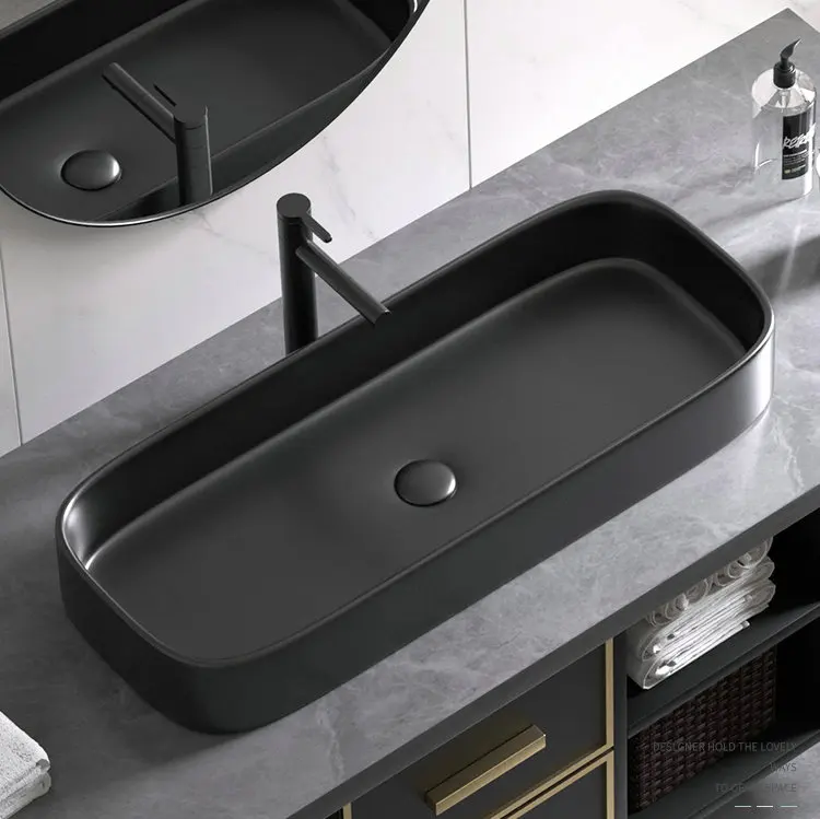 Factory Wholesale Hotel Big Size Double Sink Table Top Matt Black Thin Edge Bathroom Sinks