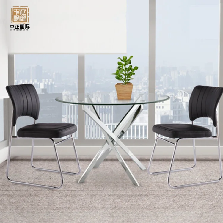 Modern small apartment design glass  round dinning table stainless steel Silver gold table legs