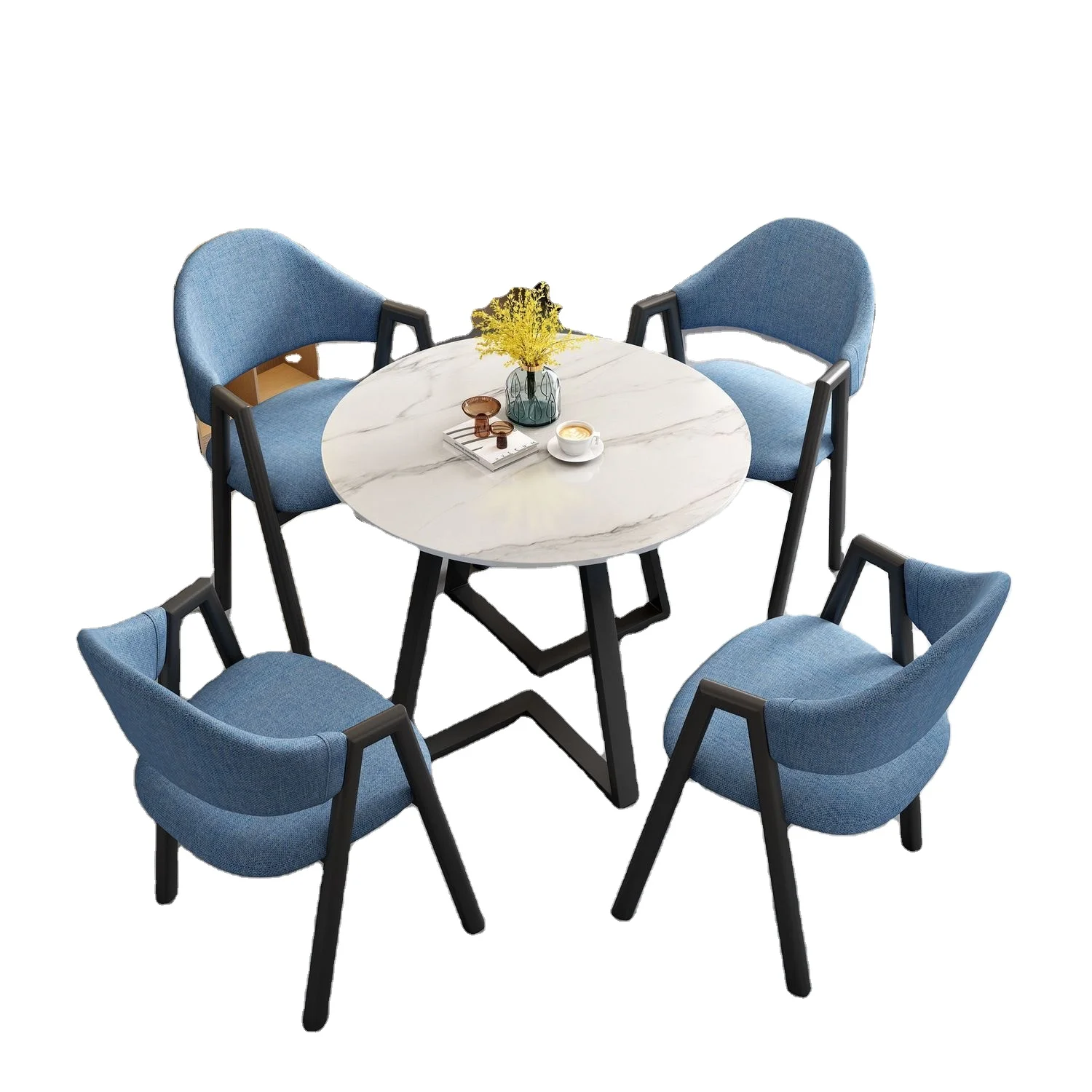 1desk 4 Chair Dining Room Set Hotel Furniture Restaurant Cafe Shop Leisure Reception Round Table Leather Chair