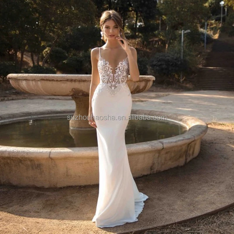 Sexy Mermaid Wedding Dresses 2022 Spaghetti Straps Appliques Lace Beach Bride Dress Backless Boho Wedding Gown