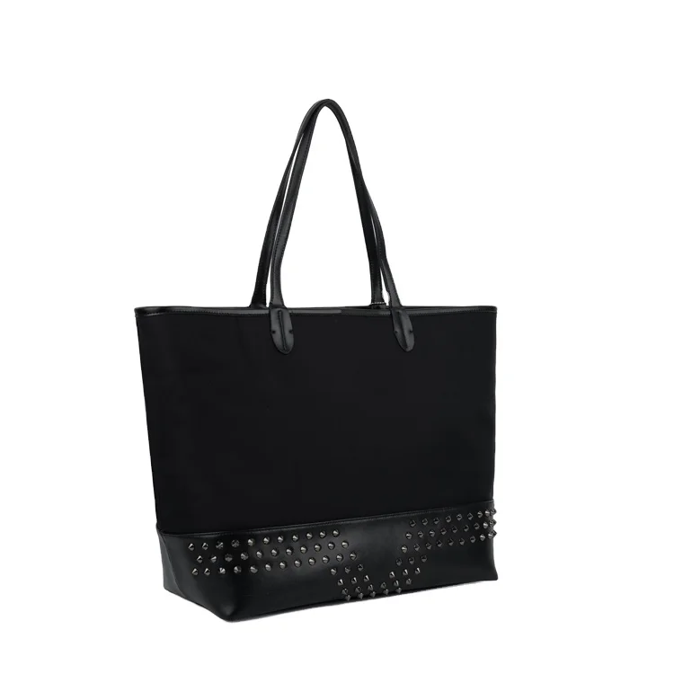 Popular High Density Water-resistant Trendy Black Nylon Work Tote Rivet Shoulder Bag Handbag for Women