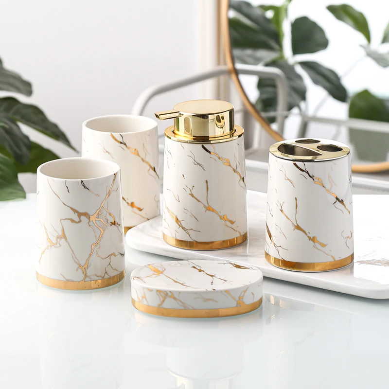 Light Luxury Ceramic Marble Bathroom Accessories Wash Set Dispenser Mouthwash Cup Toothbrush Holder Soap Dish Singleton
