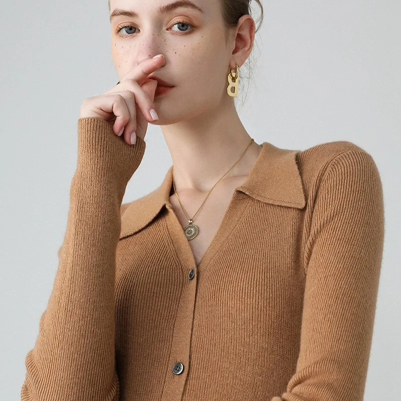 2024 Hot selling Polo Collar Cashmere Sweater Autumn/Winter Solid Color Slim Fit Knitted Cardigan Wool Sweater for Women