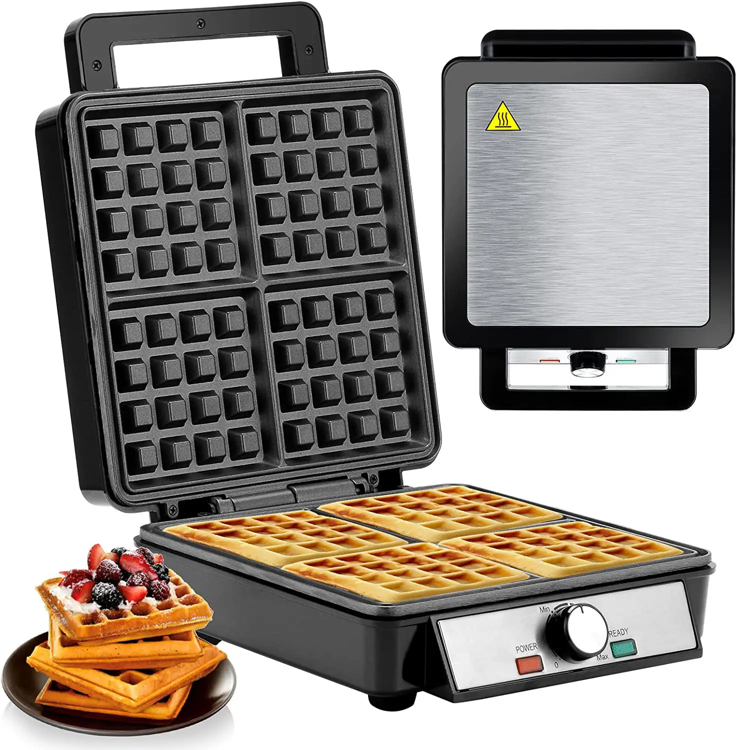Electric Waffle Maker 1200W Square Waffle Iron 4 Slice Stainless Steel Body Belgian Waffle Maker