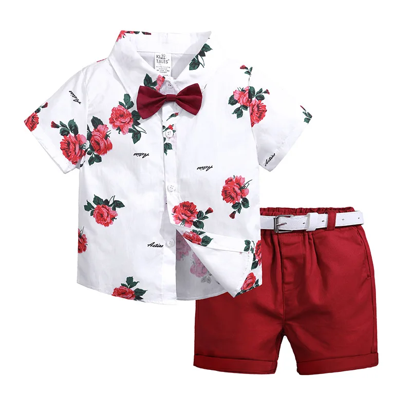 Latest design summer short sleeve print flower shirt shorts 2pcs kids children clothing sets newborn baby boy dress designs