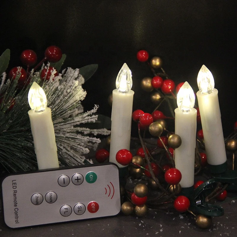 Set of 10 Remote Control Plastic witchcraft Christmas Tree Decorative White LED Taper Light Candles 10 Pieces with Clip