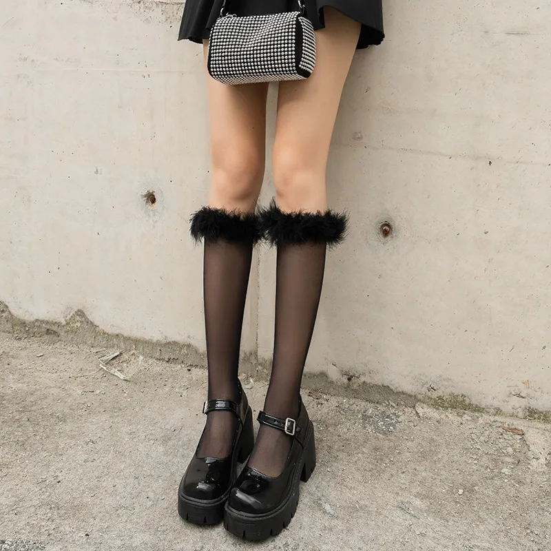 Pink Women Fur Socks Jk Lolita Middle Tube Socks Feather Japanese Cotton Funny Pile Socks Cosplay Parity Accessories