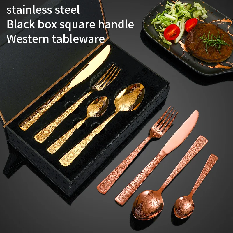 24 Pcs Cutlery Set Flatware Spoon And Forks Knife,Black Stainless Steel Gold Cutlery 24pcs Set