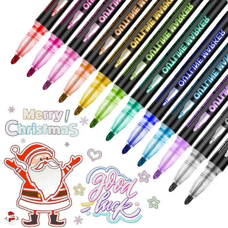 12 24 36 Colors Christmas gift card Outline water based eco-friendly Marker Set Drawing Writing glitter Double Line Marker Pen