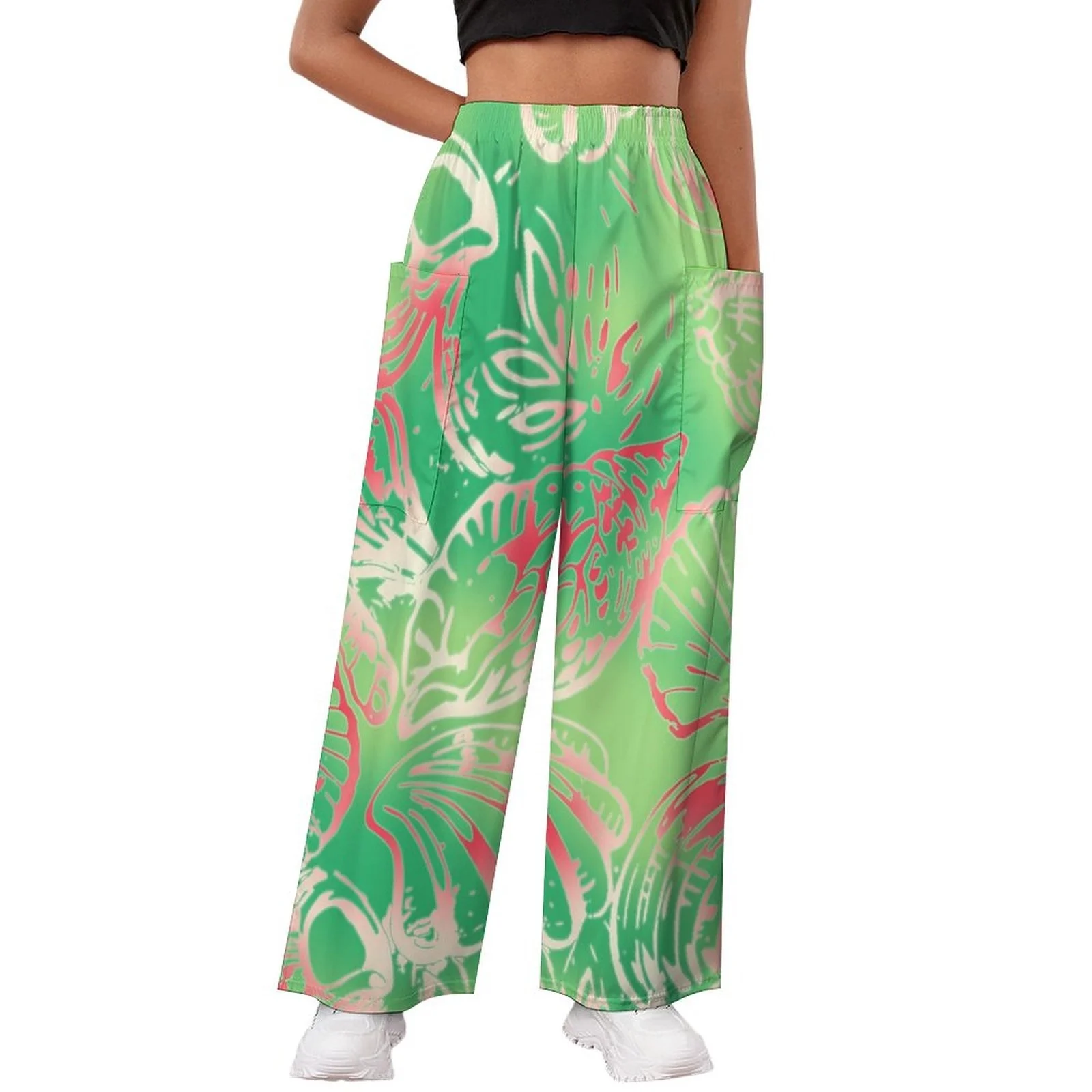 Wholesale High Waist Casual Streetwear Hawaiian Island Large Size With Pocket Wide Leg Pants Custom Pattern Palazzo Pants
