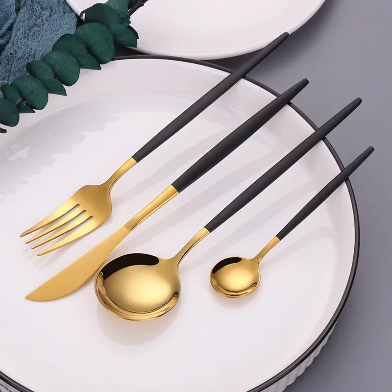 2021 Amazon Hot Selling Wholesale Stainless Steel Black Gold Tableware Tea Spoon Flatware Dinnerware Set