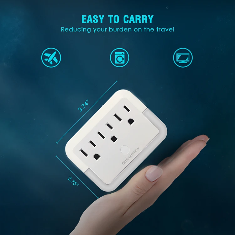  Many Power Strip Wall Mount Outlet Adapter with 3 AC Outlets and White LED night