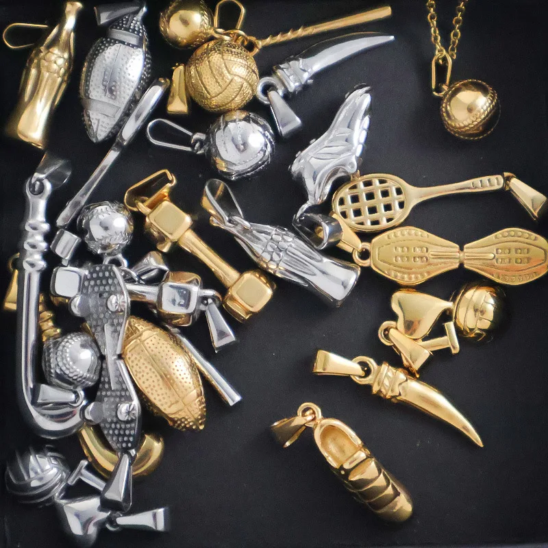 Stainless steel sport series bat basketball rubgy baseball racket sports trainer shoes pendant charms for diy jewelry hiphop men