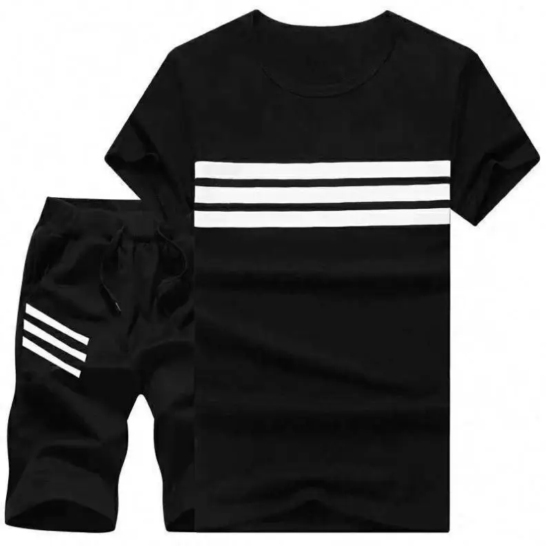
Summer Men Striped Two Piece Sport Suit Set Short Sleeve gym T shirt Shorts men shorts and shirt set 