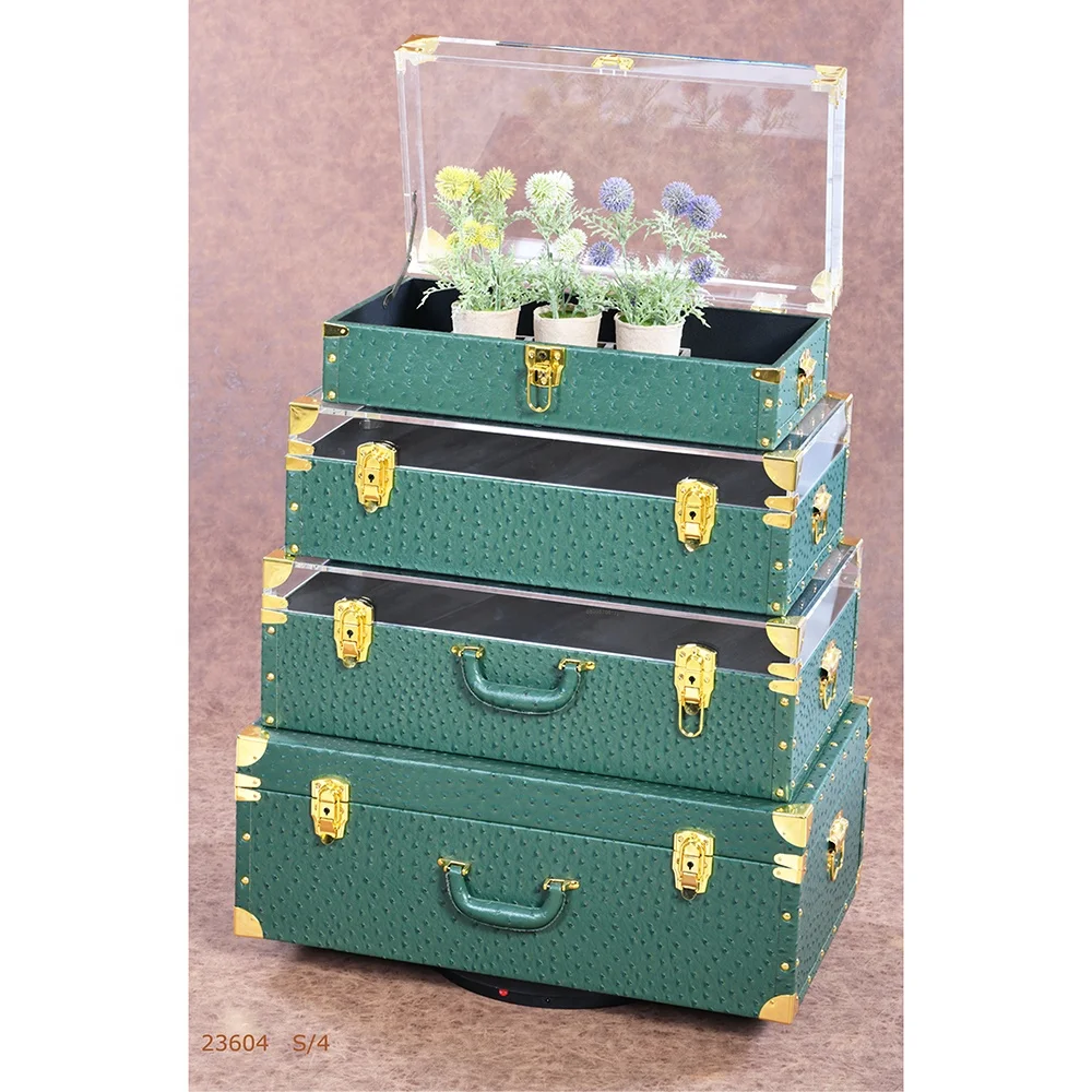 luxury leather surface wood storage trunk boxes with clear acrylic top/lid/cover for display