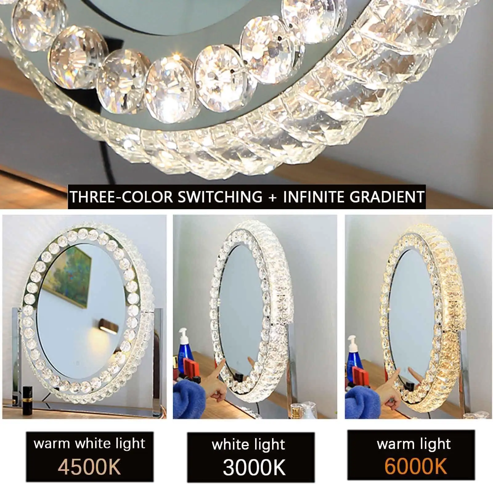 Factory Wholesale Diamond Luxury Hollywood Style Crystal Crushed LED Light illuminated Round Makeup Vanity Mirror