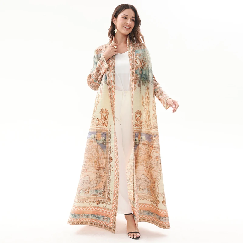 Factory Customized Miyake Open Abaya Print Kaftan Robes Pleated Lady Coat Commuting  Casual Long Dress Mid-East