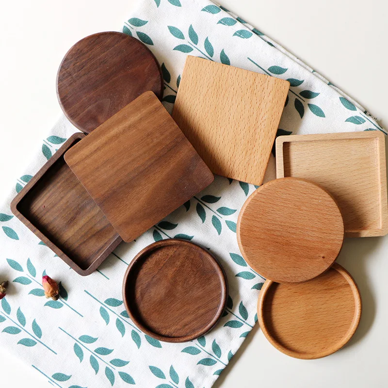 Custom Beech Wood Lid square Round Wooden Coffee Bamboo Tea coaster
