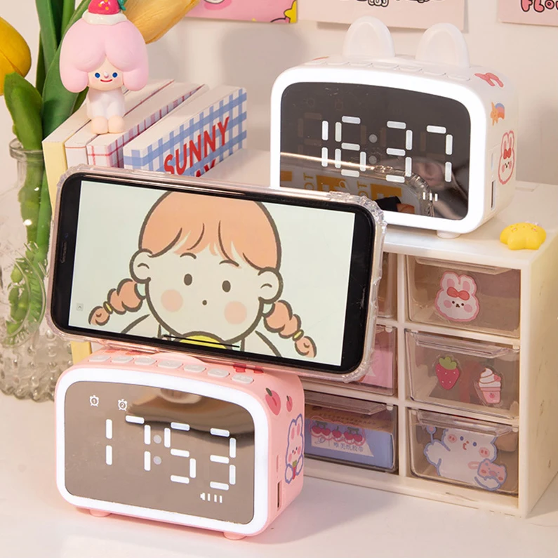 Cute Wireless Speakers Night Light Mirror Alarm Clock Radio Amplifier Music Player Kids Desk Clock Home Decor