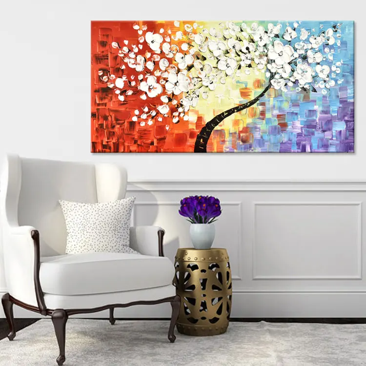 Art Gallery Picture Hanging Textured Hand Painted Cherry Tree Oil Painting Modern 3D Abstract Wall Art Canvas