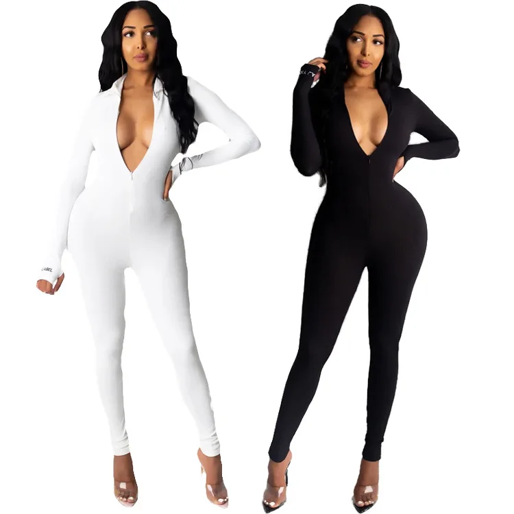 Elegant Women Ribbed Stretchy Jumpsuit Women Zipper Front Solid Color One Piece Bodysuit Fashion Fitness Romper